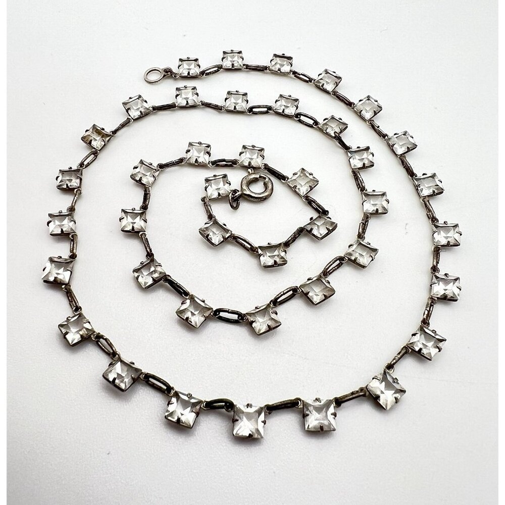 Antique Art Deco Dainty Sterling Silver Open Back Crystal Necklace - Picture 13 of 13